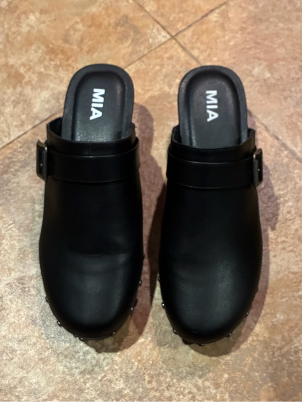 MIA Black Leather Buckle Clog Mules